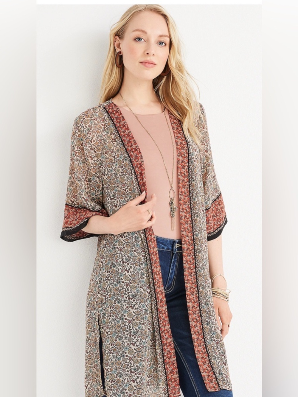 Maurice's boho floral border kimono size medium